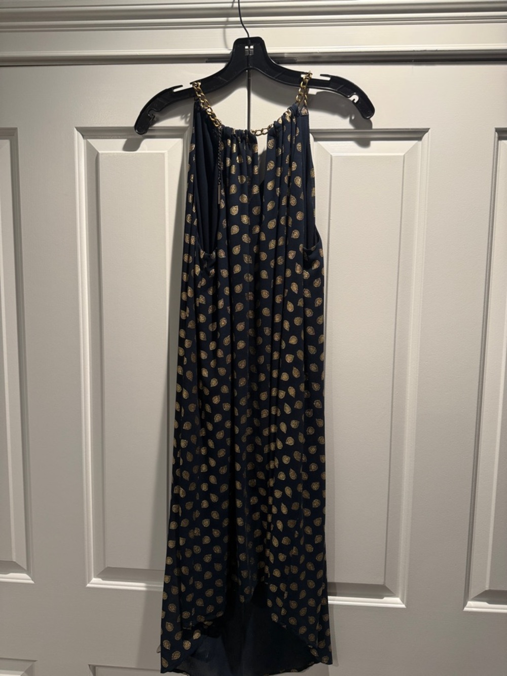 Michael Kors Navy and Gold High-Low Dress with Chain Straps